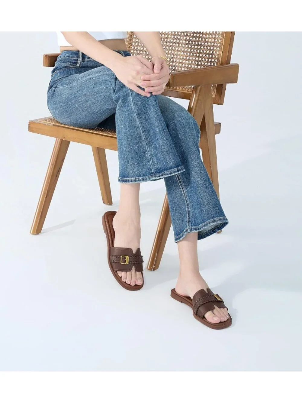 Women's Dark Brown Square Toe Flat Sandals Slides Dressy Comfortable for Casual